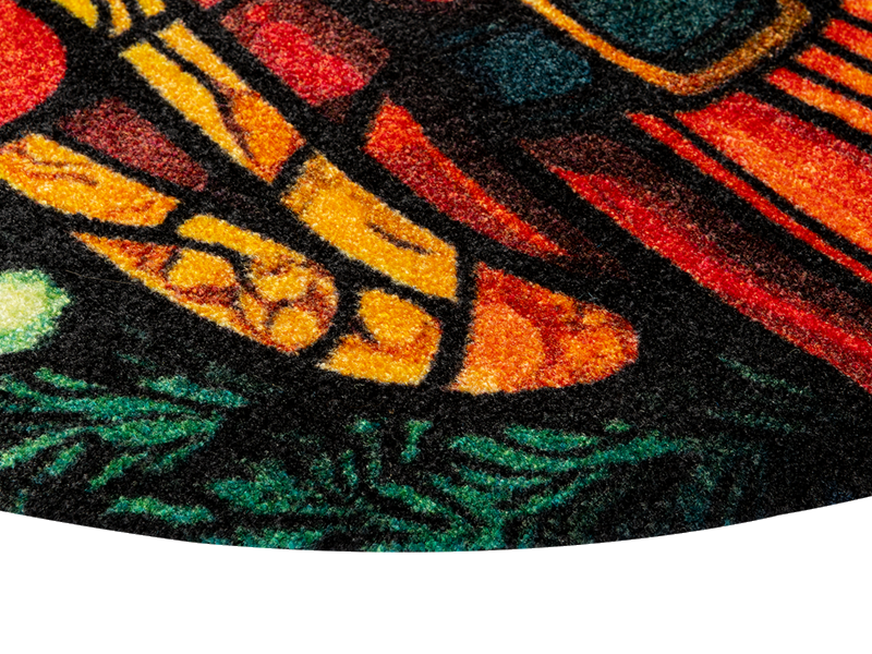 Ecke der randlosen Fußmatte mit buntem Weihnachtsmann Motiv