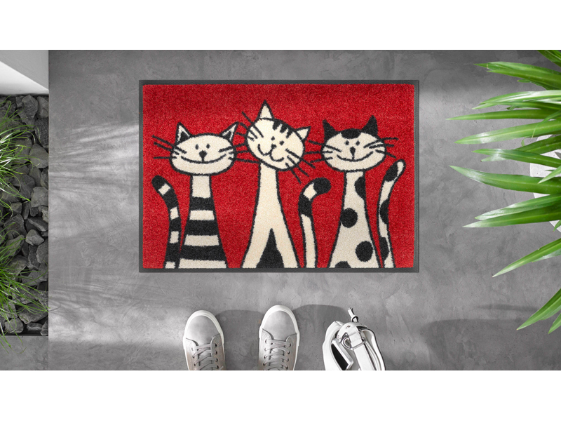 rote Fußmatte mit drei Katzen auf der Fußmatte auf dem Boden