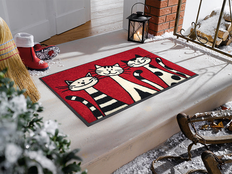 rote Fußmatte mit drei Katzen auf der Fußmatte vor der Tür