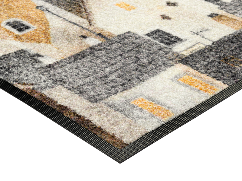 Eckdetail der Fußmatte mit Reihenhäusern in grauen Farben