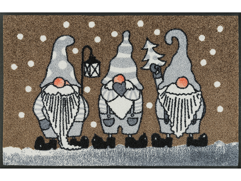 Fußmatte mit drei grauen Zwergen mit Zipfelmütze in taupe-farben