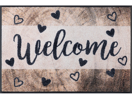 Fußmatte mit Aufschrift "welcome" mit Holz