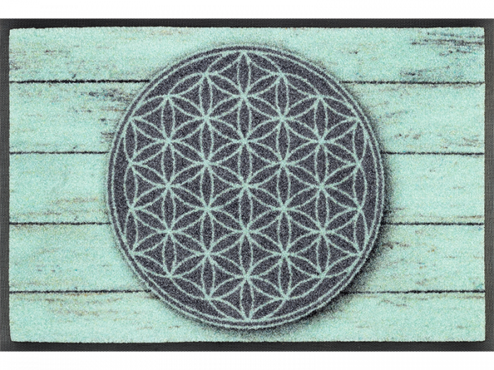 hell-türkise Fußmatte mit rundem "Blume des Lebens" Motiv