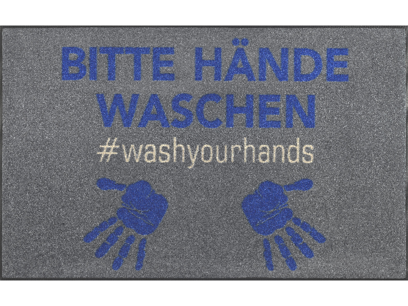 Fußmatte mit Aufschrift: "Bitte Hände waschen" und "#washyourhands"